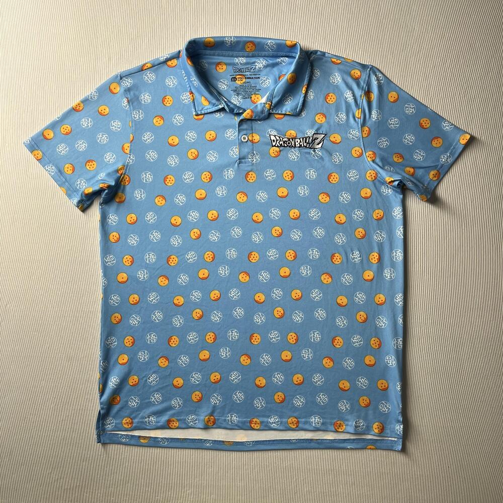 Dragon Ball Z Polo Shirt Mens L Blue Dragon Ball All Over Print Logo Anime